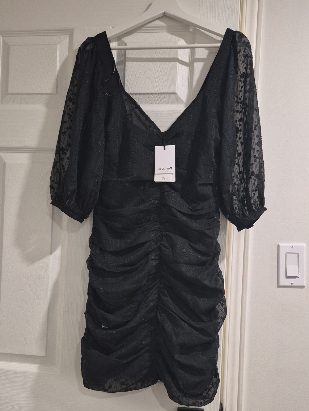 Desigual Black Ruched V-Neck Mini Dress with Sheer Puff Sleeves
